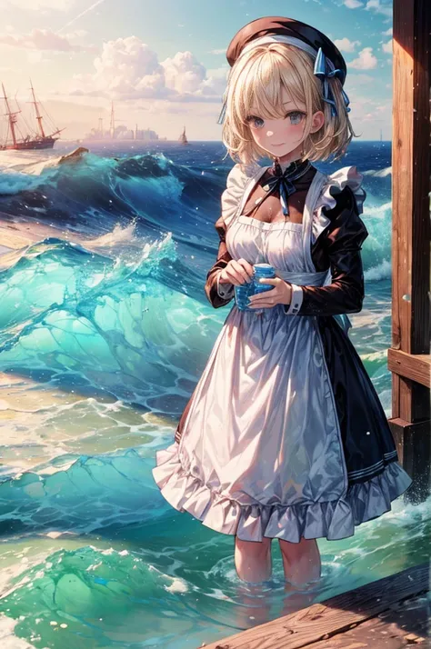 (8k,  super quality next to each other,  Masterpiece:1.2),  Ultra High Resolution,  one woman,  cute,  small breasts,  blond,  in white and black maid clothes ,  Katyusha,  blue ribbon,  apron dress, whole body, soaked,  like a ,  best smile, sea, sea水浴, W...