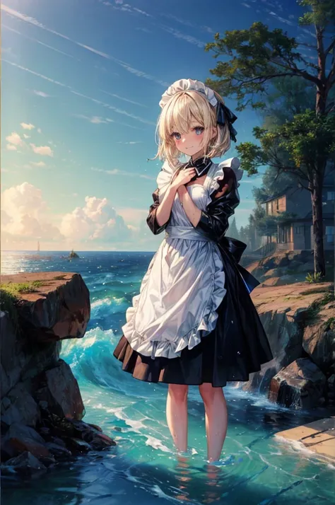 (8k,  super quality next to each other,  Masterpiece:1.2),  Ultra High Resolution,  one woman,  cute,  small breasts,  blond,  in white and black maid clothes ,  Katyusha,  blue ribbon,  apron dress, whole body, soaked,  like a ,  best smile, sea, sea水浴, W...