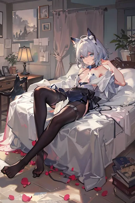 boy lying on a bed , You can see his abdomen, nipples,thighs,light blue eyes, light gray Hair,short Hair,Cat ears and tail,(No human ears),off shoulder,sensual image without being vulgar, blushing cheeks, Korean Gothic boy , cinematic lighting, anatomicall...