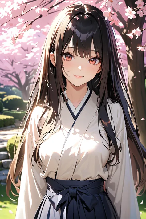 1 girl, (cute face), age girl, (long hair), (wearing a traditional hakama), (nostalgic atmosphere), medium breasts, slim, (smiling), (porcelain skin), 
BREAK 
Japanese garden, cherry blossoms, (standing gracefully:1.2), a gentle breeze, (soft petals fallin...