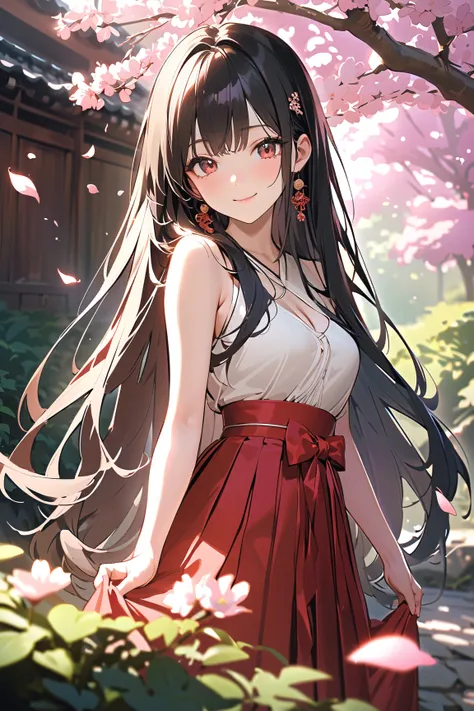 1 girl, (cute face), age girl, (long hair), (wearing a traditional hakama), (nostalgic atmosphere), medium breasts, slim, (smiling), (porcelain skin), 
BREAK 
Japanese garden, cherry blossoms, (standing gracefully:1.2), a gentle breeze, (soft petals fallin...