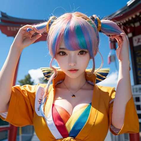 アイドルのような日本 woman ,((１ woman)), (  ponytail ), Round face ,((   bust up 、 amber sailor suit  ,   as shown in the picture  ,      high school 、A masterpiece of natural poses , Rainbow Hair,  high resolution,  big breasts, 