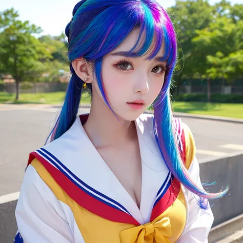 アイドルのような日本 woman ,((１ woman)), (  ponytail ), Round face ,((   bust up 、 amber sailor suit  ,   as shown in the picture  ,      high school 、A masterpiece of natural poses , Rainbow Hair,  high resolution,  big breasts, 