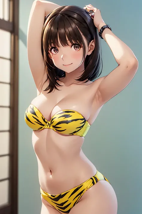 ( 1 girl, Alone:1.3), (anegasaki nene:1.3), Ram,  bob cut, bangs,  Hair, ( beautiful detailed brown eyes :1.5), (horn:1.3),  pointy ears,  aqua hair, oni horn, smile, has a red face, 
break,  big breasts, belly button, Chest,  swimsuit,  bikini,  ( straple...