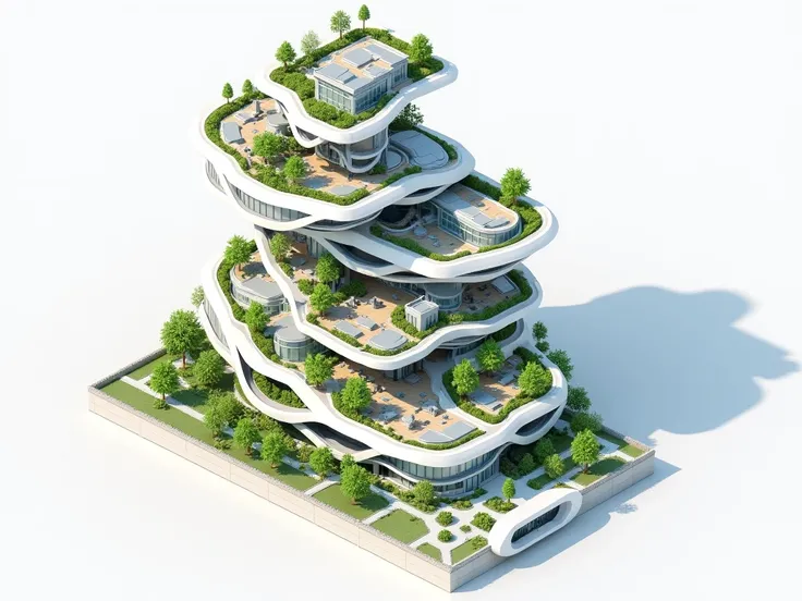 /imagine Ultra-modern skyscraper plan, intricate floor layouts, flowing organic shapes, cross-sections, exploded axonometric view, sustainable design, green building materials, glass and steel facade, architectural rendering, detailed annotations, 8k, tren...