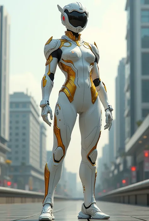 A technological and modern superhero costume in shades of white and gold 