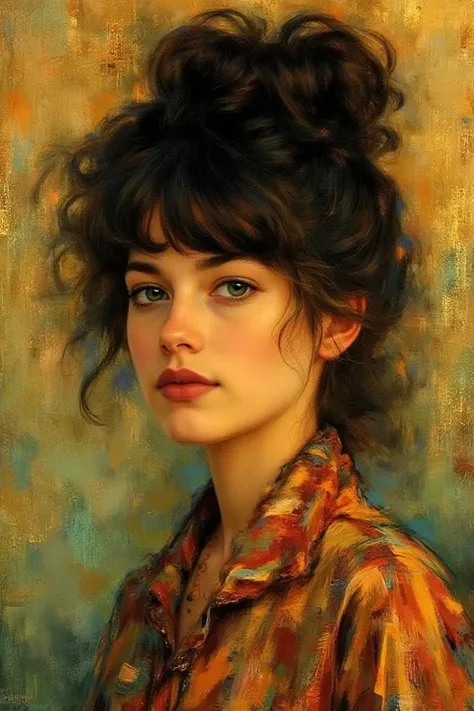 Full image. UltraHD. 32k. Oil
on canvas. Hues and shades of gold, copper, silver, dark gray, brown, beige, offwhite,green, red, orange, yellow,blue. Portrait of a woman.
(((Crazy hairdo))). Bangs, dark
hair. Hippie chic outifit. She
looks like Daria Werbow...