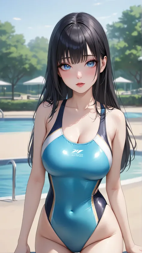 (masterpiece,best quality,ultra detailed,high resolution),beautiful women,black hair,straight-hair,beautiful eyes,fair-skin,competition swimsuit,they are at the park,large breast,(realistic:0.2),