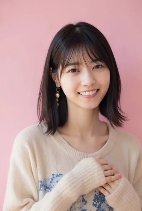 Create a realistic portrait of a beautiful Japanese idol girl in a close-up shot. She has an elegant oval face, stunning eyes, and medium-length black hair. Her physique is slim with a small chest and long legs. Dress her in fashionable spring attire again...