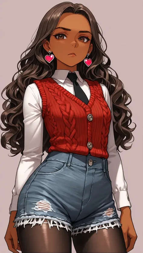 1Girl, Mature, Hispanic, Mexican, Brown Skin, Long Wavy Hair, Brunette, Shiny Hair, Brown Eyes, Medium Chest, White Tight Long-Sleeved Button-Up Shirt, Red Knitted Vest, Black Cut-Off Jean Shorts, Black Pantyhose, Black Tie, Heart Earrings, Looking At View...