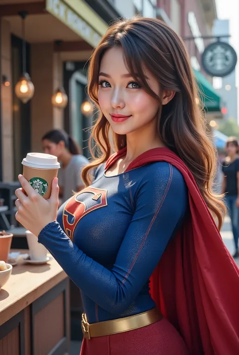 FULL VIEW OF  a BLUE EYED ASIAN JAPANESE GIRL holding a cup of STARBUCKS coffee, anime girl in real life, realistic young BRUNETTE girl, portrait of cute BRUNETTE girl, cute natural anime face, kawaii realistic portrait, realistic anime 3 d style, attracti...