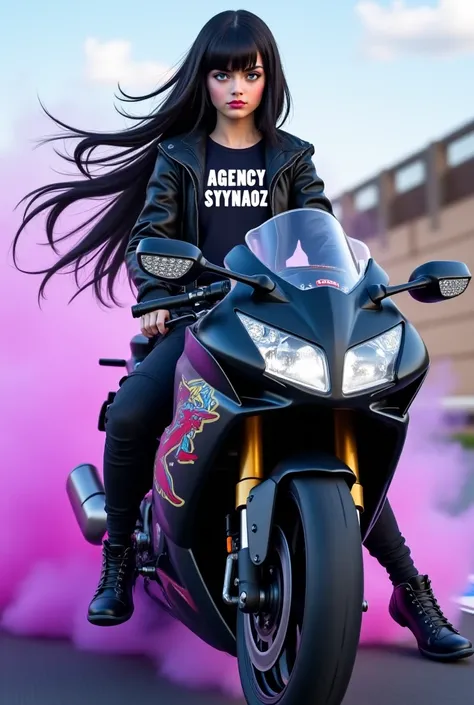 White girl with blue eyes and green long black hair Shirt that says “AGENCY SYNAOZ” in white with black jacket sitting on a black motorbike with diamonds full body background in a track race with violet smoke 