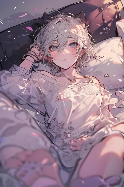 boy lying on a bed , You can see his abdomen, nipples,thighs,light blue eyes, light gray Hair,short Hair,Cat ears and tail,(No human ears),off shoulder,sensual image without being vulgar, blushing cheeks, Korean Gothic boy , cinematic lighting, anatomicall...