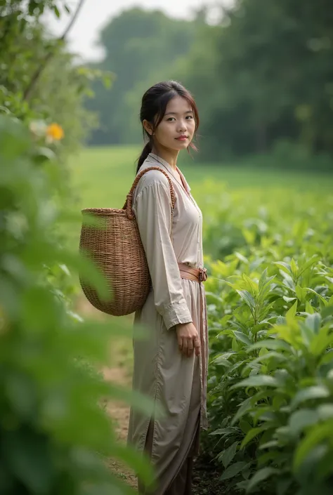 A young woman, dressed in traditional attire, stands amidst a lush, verdant landscape. She carries a woven basket on her back, hinting at a rural or agricultural setting. The soft, natural light bathes the scene, casting gentle shadows and highlighting the...