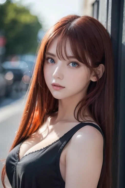 girl with long red hair, heterochromic eye , blue-white skin, flat chest, is wearing a black dress and a crisp pink blouse, A girl of, something that matches a mysterious and strong personality. whole, her look will catch the eye , attract curiosity and an...