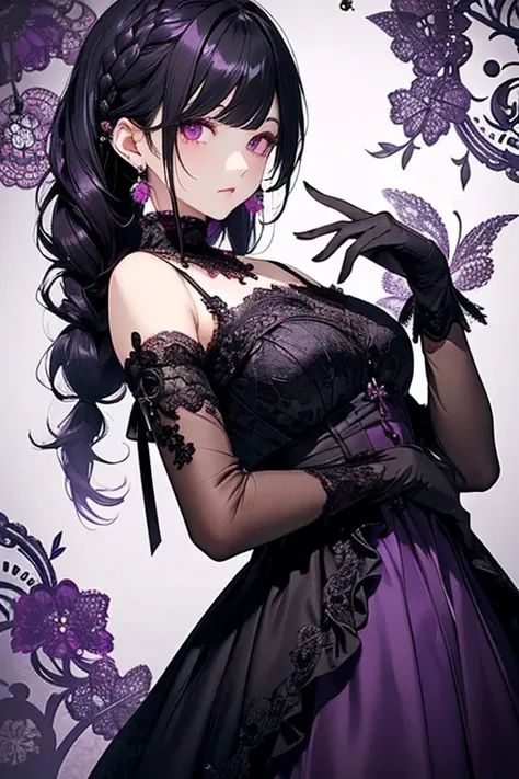     black hair、  Red Eye、((Black And Purple Lace Dress  )).  cute、  expressionless  、  alone、Non-parallel、((Confused Eyes)).((Beautiful hairstyle :1.35)).(( lace gloves)).