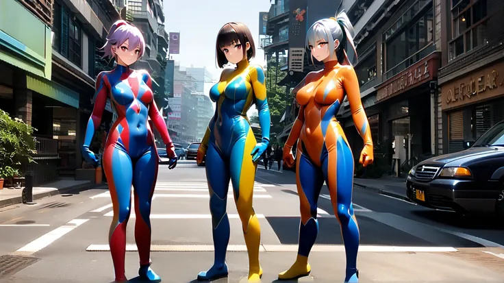 ( 2 girls fighting back),(最 HD, 8k, masterpiece:1.3),  clear contours HD(24 years old:1.5), ( gray hair ), (Up ponytail),, ((全身 rubber suit、 colorful、blue、Yellow line from crotch、no zipper 、 rubber suit、Gloss、 daytime、Around town、garden、City、Perfect fit、 h...