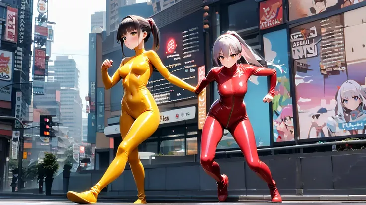 ( 2 girls fighting back),(最 HD, 8k, masterpiece:1.3),  clear contours HD(24 years old:1.5), ( gray hair ), (Up ponytail),, ((全身 rubber suit、 colorful、blue、Yellow line from crotch、no zipper 、 rubber suit、Gloss、 daytime、Around town、garden、City、Perfect fit、 h...