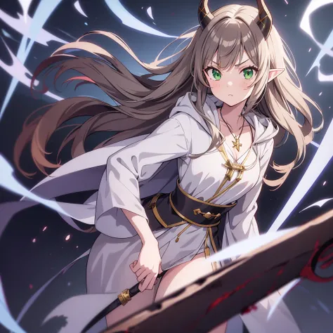  anime style,  One Girl 20 Years Old , Elf,  long brown hair,  Wavy Bangs ,  green eyes, WHITE STUDENT ,  Serious Expression ,  Her Nose Has Freckles,  grey robe, Torn Robe, Blood,  gray hood with horns , Long sword,  combat posture,  Silver Cross Necklace...