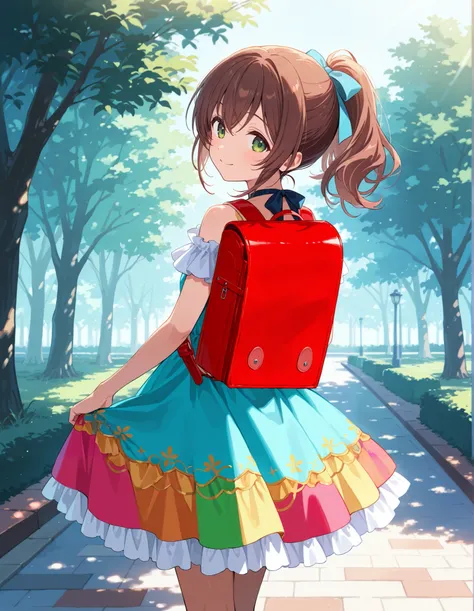 Masterpiece, hd, 1girl, cute girl, brown hair, smile, ponytail, hair ribbon, wearing cute dress, frilled dress,party dress,party costume, colorful dress, bare shoulder, bowtie, standing, outdoor, park, smile, potrait, looking back, from behind, backview ph...