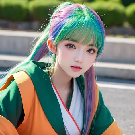 アイドルのような日本 woman ,((１ woman)), (  ponytail ), Round face ,((   bust up 、 green sailor suit  ,   as shown in the picture  ,      high school 、A masterpiece of natural poses , Rainbow Hair,  high resolution,  normal breasts, 