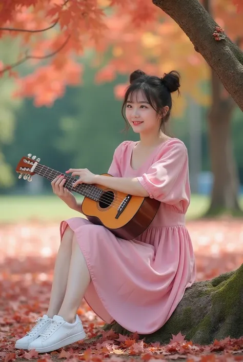 Hyper realistic photo shoot, a beautiful Korean girl wearing a pink casual dress, Korean style two bun hair, wearing white sneakers sitting under a maple tree, Smiling faintly, holding the guitar.
Full body one foot