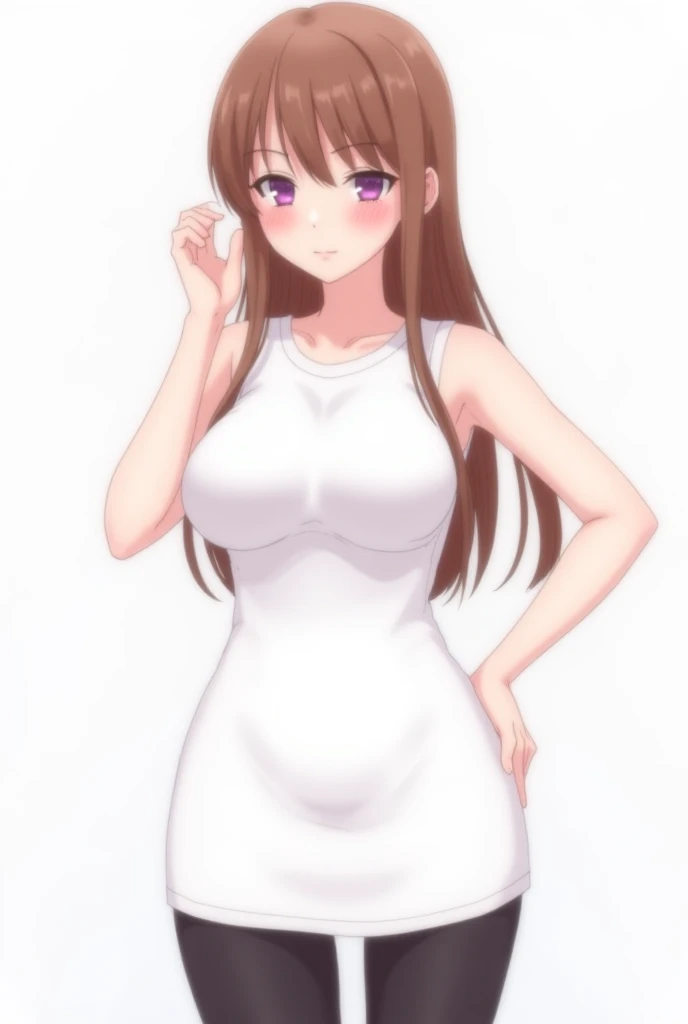 best quality, masterpiece, highres, solo, {marina_akizuki_onichichi:1.15}, brown_hair, blush, long_hair, purple_eyes, breasts, large_breasts, 1girl, white_ slim _dress, tucked_in, black_tight_leggings, solo_focus