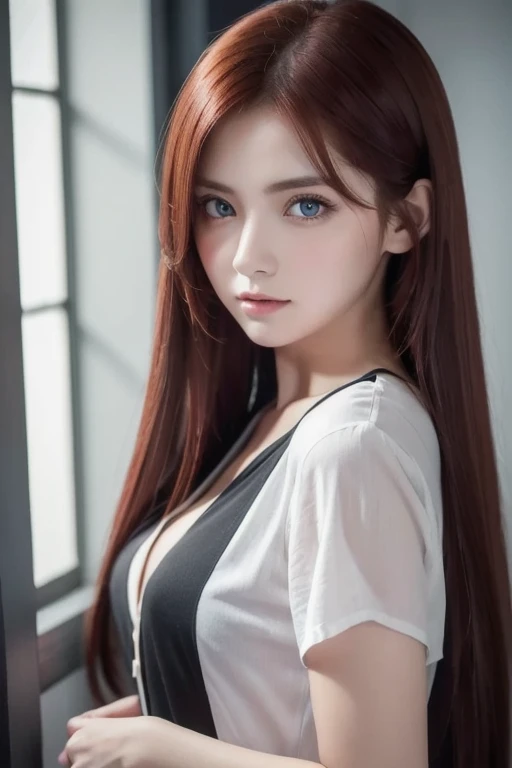 girl with long red hair, heterochromic eye , blue-white skin, flat chest, is wearing a black dress and a crisp pink blouse, A girl of, something that matches a mysterious and strong personality. whole, her look will catch the eye , attract curiosity and an...