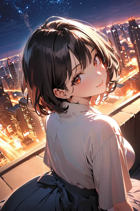 1 girl, (cute face), age girl, (short hair), (wearing a modernized hakama), (nostalgic yet contemporary), large breasts, slim, (thoughtful expression), (looking up), 
BREAK 
urban landscape, city lights, (sitting on a rooftop:1.2), twilight sky, (stars app...