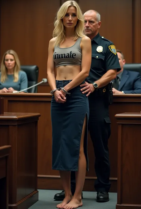 Casual, candid realistic photo of a courtroom. The layout is horizontal. The witness is a beautiful barefoot topless bate breasts 40yo woman with blonde hair wearing a navy blue tight canvas midi skirt with side split, she is wearing handcuffs, she is stan...