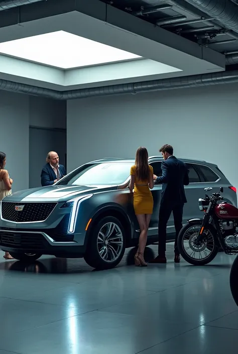 car is Woman  man  showroom2025 Cadillac XT4 , and people are standing on its side, whit royal enfield hunter 350