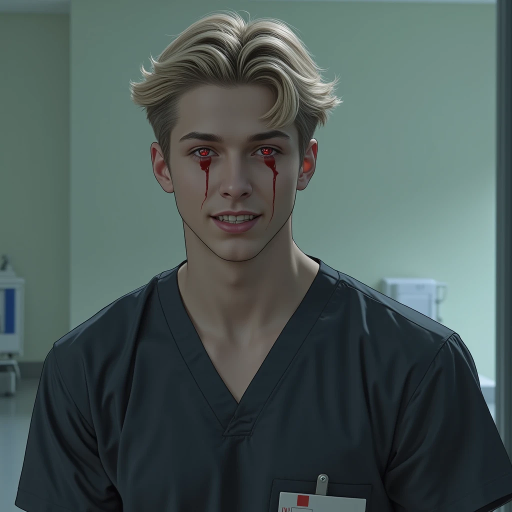 A red-eyed blond Caucasian man, sonrisa carismático y fangs de vampiro con ropa de hospital. smile,  high resolution sweatshirt, Alone,  short hair , Ojos rojos, Teeth, Drawing, fangs.