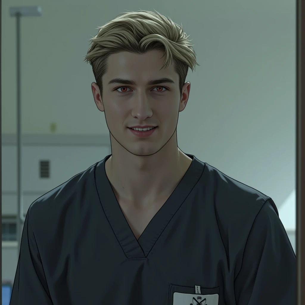 A red-eyed blond Caucasian man, sonrisa carismático y fangs de vampiro con ropa de hospital. smile,  high resolution sweatshirt, Alone,  short hair , Ojos rojos, Teeth, Drawing, fangs.