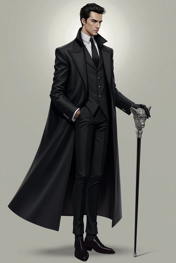 Count Henry Ravenshade (The Protagonist)
	•	Appearance: A tall, lean man with sharp features, piercing gray eyes, and slicked-back black hair. He wears a dark tailored suit with a long coat, gloves, and a silver wolf-head cane. His presence is commanding, ...