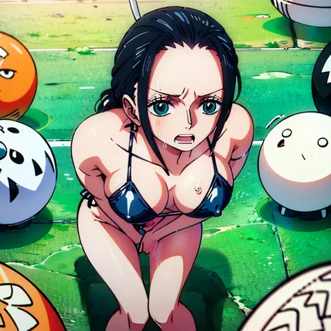 golpe en las bolas, crotch pain, face of pain, bump on the genitals, Nico robin, Women sexy, bikini black, big breasts, erect nipples