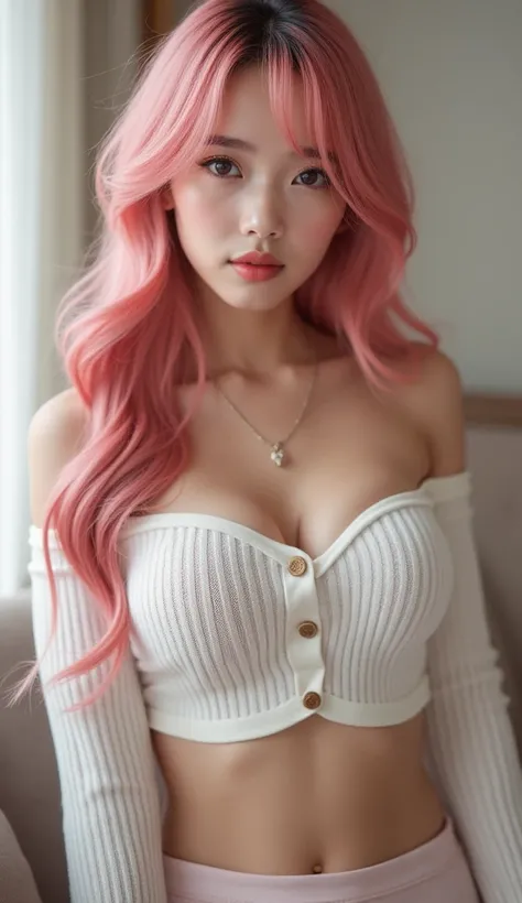 Face is original picture の人､ looking at the camera､( face is original )､( miniskirt､Chest protrusion､ cleavage､Face is original picture )､ pink hair､( looking at the camera)､(超 high resolution,  Masterpiece,  anatomically accurate,  textured skin,  Super D...