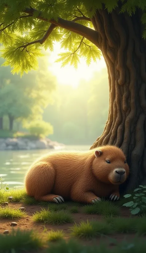 A realistic capybara lies comfortably in the shade of a large tree,  resting peacefully in a natural environment .  The sun shines softly in the background ,  reflecting on a serene lake ,  while the green grass and leaves sway in the light breeze . The ca...