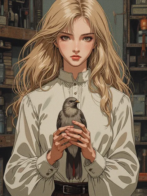 A girl about sixteen,  with blond long hair and brown eyes,  in a white long-sleeved shirt with a collar, holds a small gray bird ,  dark tones 