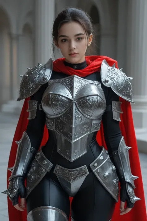 a Bangladeshi woman. She is wearing a sleek, form-fitting bodysuit in dark blue and black, reinforced with armored plates on her shoulders, arms, and legs. The armor has a gothic, spiked aesthetic, especially on her gauntlets and shoulder pads. She also ha...