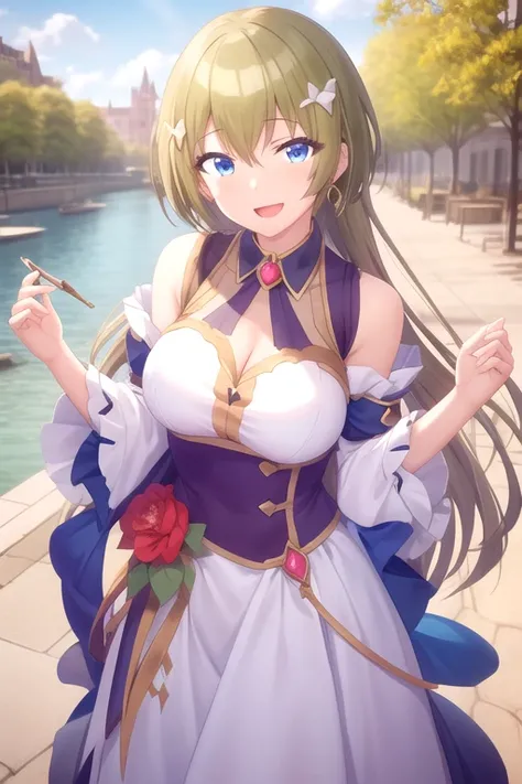 masterpiece, best quality, girl, solo, male focus, looking at viewer, upper body, , mitsuru_abe, large breasts, princess connect Re Dive cosplay, princess Dress, standing, smile, open mouth, outdoors 