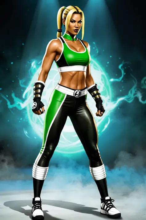 Sony Blade's appearance from the Mortal Kombat universe.  Sonya wears a green, black and white sports bra and tights, with black biker gloves, with forearm bands ,  wearing white high-heeled sneakers, with white socks.  She has long hair ,  assembled in a ...