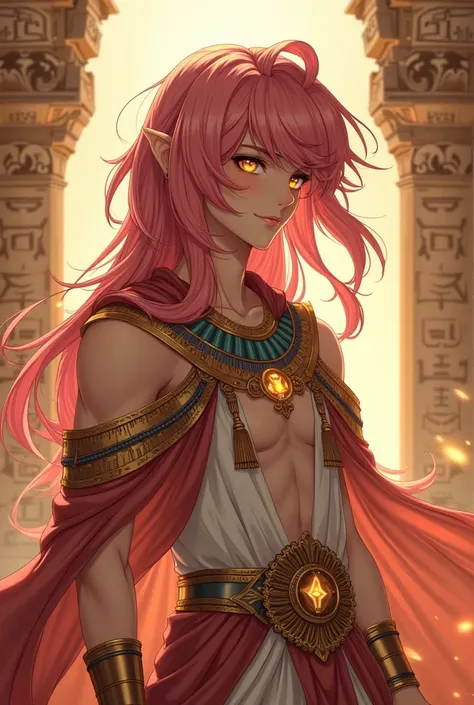 An anime man with smooth pink hair and golden eyes wearing Egyptian clothes.
