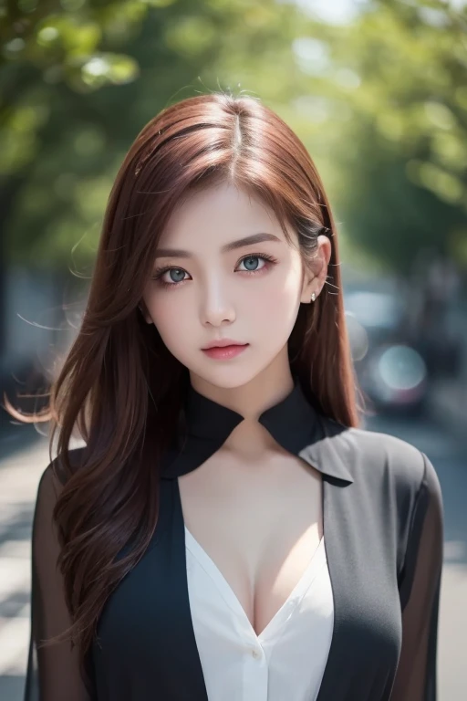 girl with long red hair, heterochromic eye , blue-white skin, flat chest, is wearing a black dress and a crisp pink blouse, A girl of, something that matches a mysterious and strong personality. whole, her look will catch the eye , attract curiosity and an...