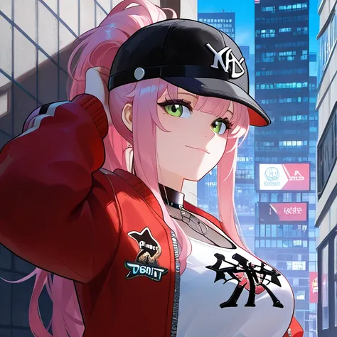 white woman with long pink hair, Black sport cap with red details, green eyes and a slightly square shaped face, light smile, wearing a New York Yankees Black and red jacket and a white tank top (big chest), she is in a night city with colorfull paints bac...