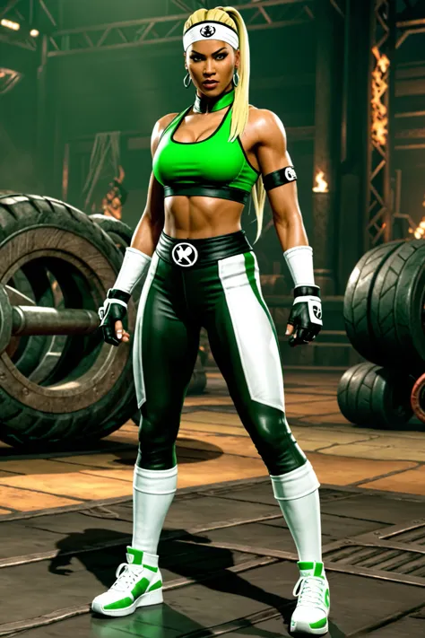 Sony Blade's appearance from the Mortal Kombat universe.  Sonya wears a green, black and white sports bra and tights, with black biker gloves, with forearm bands ,  wearing white high-heeled sneakers, with white socks. She has light hair.,  long hair,  ass...