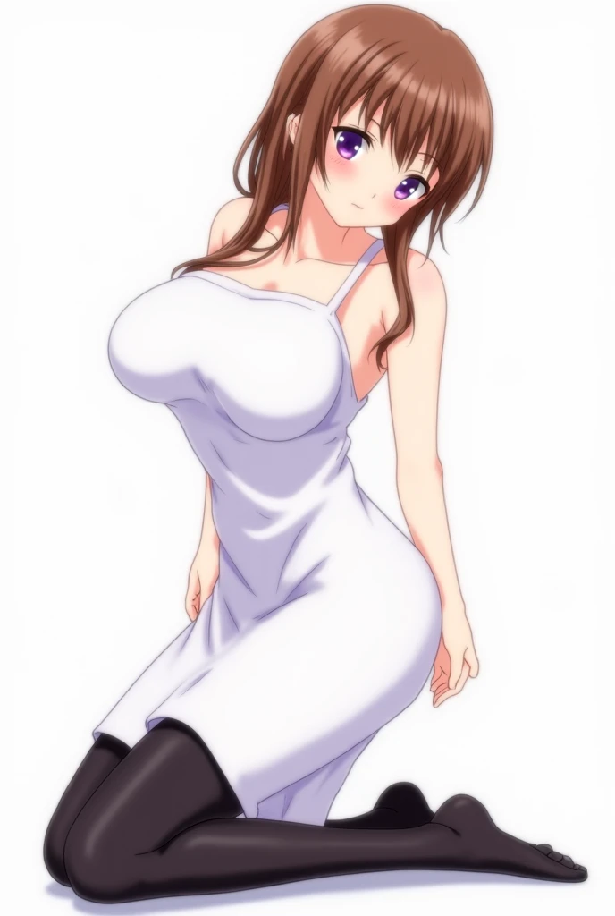 best quality, masterpiece, highres, solo, {marina_akizuki_onichichi:1.15}, brown_hair, blush, long_hair, purple_eyes, breasts, large_breasts, 1girl, white_ slim _dress, tucked_in, black_tight_leggings, solo_focus, full_body, bending_backwards, ass_focus, s...