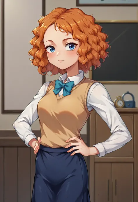 score_9,score_8_up,score_7_up BREAK melissaSDXL,1girl,blue eyes,short hair,orange hair,,curly hair,cowboy shot,room,room background,,hands on hips, lavender skirt, bow tie, white collared shirt, long sleeves, sweater vest, blue navy skirt