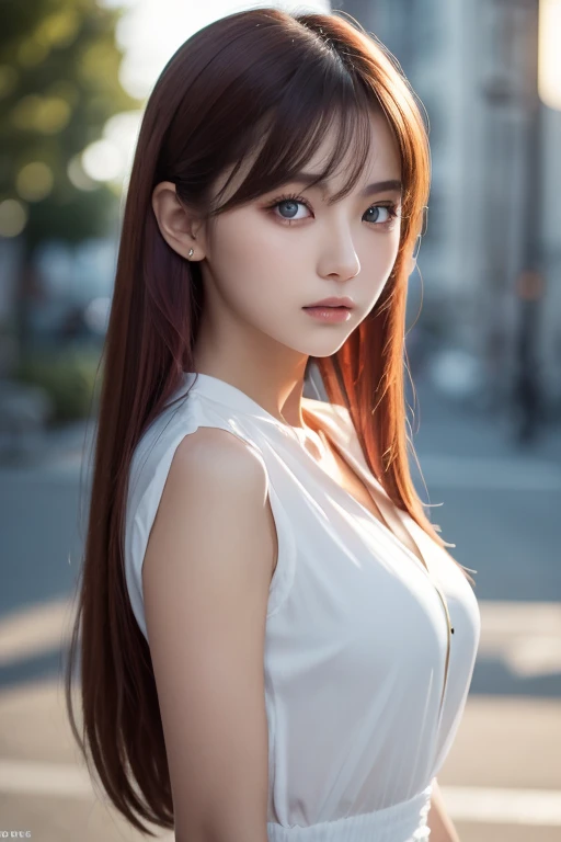 girl with long red hair, heterochromic eye , blue-white skin, flat chest, is wearing a black dress and a crisp pink blouse, A girl of, something that matches a mysterious and strong personality. whole, her look will catch the eye , attract curiosity and an...