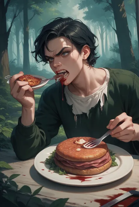 A survival game character eating a piece of raw meat in his hand ,As if you were an angry savage with blood and torn clothes in a forest and don't use dishes , only the hands , And be more macabre than horror, do not use utensils and dishes