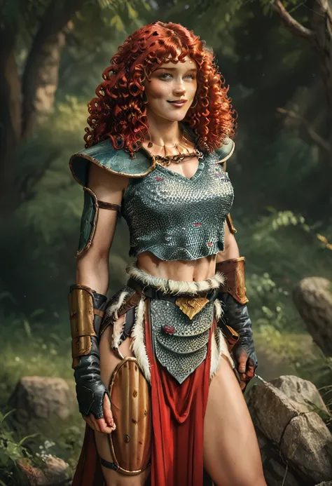 (1girl) tika, curly red hair, fit, BREAK, shy smile, sexy pose, BREAK, pelvic curtain, chainmail, midriff, shoulder armor, BREAK, in deserted forested hills, masterpiece, dramatic lighting, highly detailed, depth of field